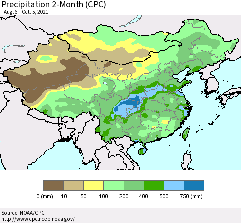 China, Mongolia and Taiwan Precipitation 2-Month (CPC) Thematic Map For 8/6/2021 - 10/5/2021