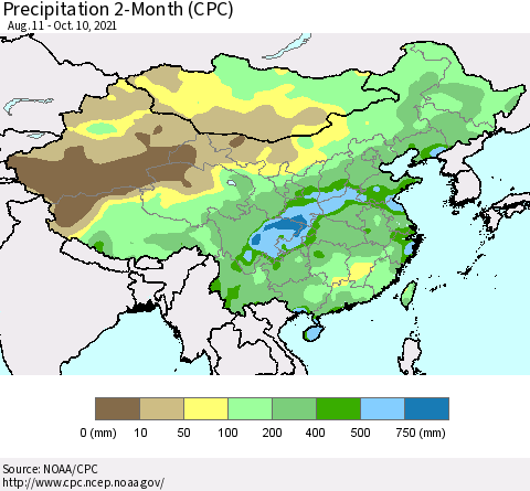 China, Mongolia and Taiwan Precipitation 2-Month (CPC) Thematic Map For 8/11/2021 - 10/10/2021
