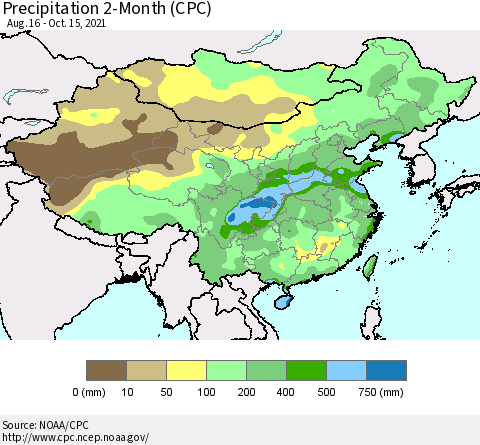 China, Mongolia and Taiwan Precipitation 2-Month (CPC) Thematic Map For 8/16/2021 - 10/15/2021