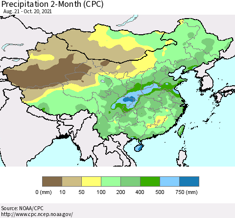 China, Mongolia and Taiwan Precipitation 2-Month (CPC) Thematic Map For 8/21/2021 - 10/20/2021