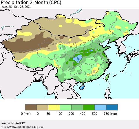 China, Mongolia and Taiwan Precipitation 2-Month (CPC) Thematic Map For 8/26/2021 - 10/25/2021