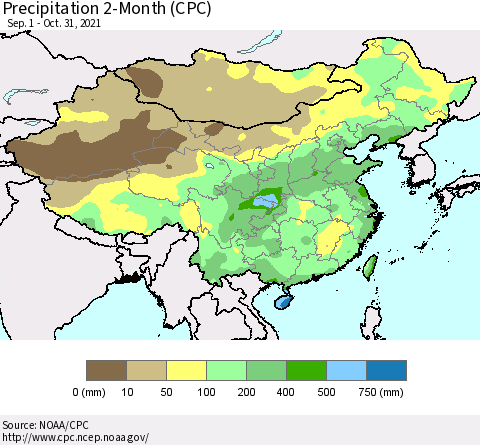 China, Mongolia and Taiwan Precipitation 2-Month (CPC) Thematic Map For 9/1/2021 - 10/31/2021