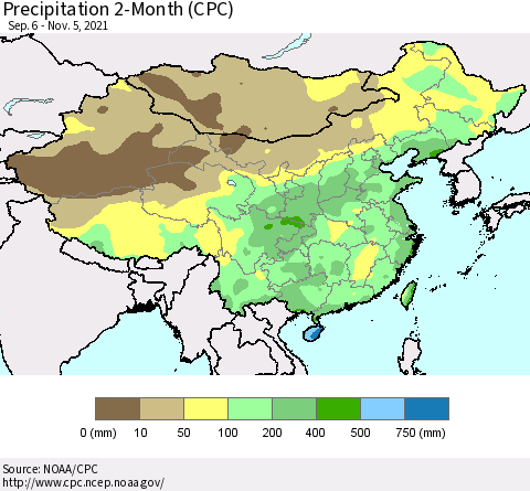 China, Mongolia and Taiwan Precipitation 2-Month (CPC) Thematic Map For 9/6/2021 - 11/5/2021