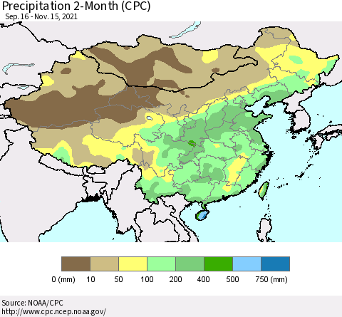 China, Mongolia and Taiwan Precipitation 2-Month (CPC) Thematic Map For 9/16/2021 - 11/15/2021