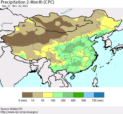China, Mongolia and Taiwan Precipitation 2-Month (CPC) Thematic Map For 9/21/2021 - 11/20/2021