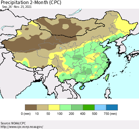 China, Mongolia and Taiwan Precipitation 2-Month (CPC) Thematic Map For 9/26/2021 - 11/25/2021