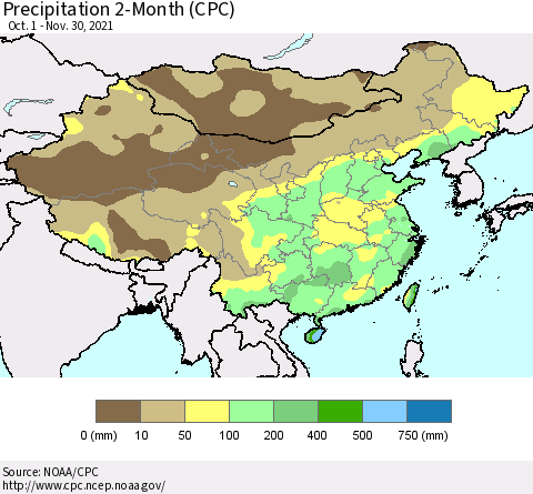 China, Mongolia and Taiwan Precipitation 2-Month (CPC) Thematic Map For 10/1/2021 - 11/30/2021