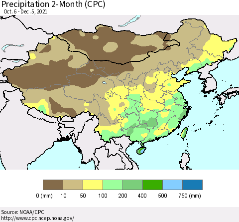 China, Mongolia and Taiwan Precipitation 2-Month (CPC) Thematic Map For 10/6/2021 - 12/5/2021