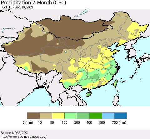 China, Mongolia and Taiwan Precipitation 2-Month (CPC) Thematic Map For 10/11/2021 - 12/10/2021