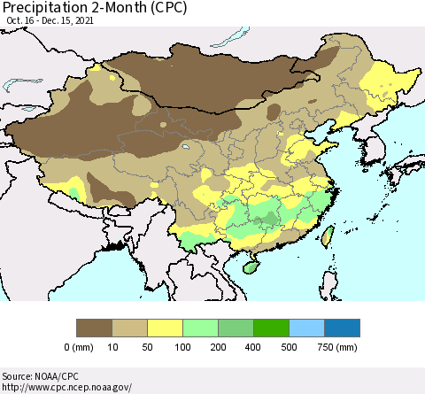 China, Mongolia and Taiwan Precipitation 2-Month (CPC) Thematic Map For 10/16/2021 - 12/15/2021