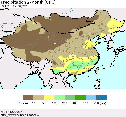 China, Mongolia and Taiwan Precipitation 2-Month (CPC) Thematic Map For 10/21/2021 - 12/20/2021