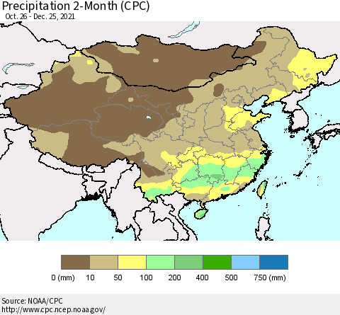 China, Mongolia and Taiwan Precipitation 2-Month (CPC) Thematic Map For 10/26/2021 - 12/25/2021