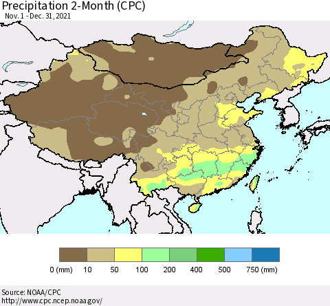 China, Mongolia and Taiwan Precipitation 2-Month (CPC) Thematic Map For 11/1/2021 - 12/31/2021