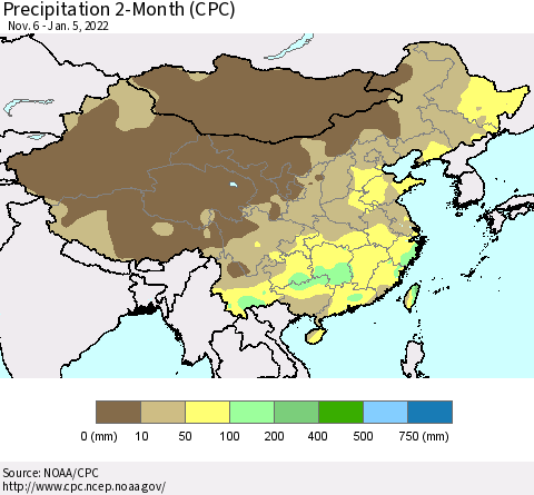 China, Mongolia and Taiwan Precipitation 2-Month (CPC) Thematic Map For 11/6/2021 - 1/5/2022