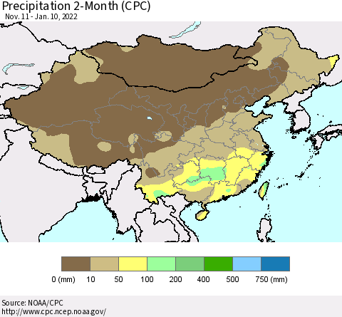 China, Mongolia and Taiwan Precipitation 2-Month (CPC) Thematic Map For 11/11/2021 - 1/10/2022