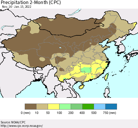 China, Mongolia and Taiwan Precipitation 2-Month (CPC) Thematic Map For 11/16/2021 - 1/15/2022