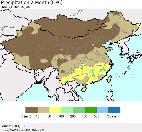 China, Mongolia and Taiwan Precipitation 2-Month (CPC) Thematic Map For 11/21/2021 - 1/20/2022