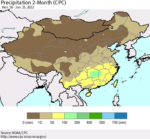 China, Mongolia and Taiwan Precipitation 2-Month (CPC) Thematic Map For 11/26/2021 - 1/25/2022