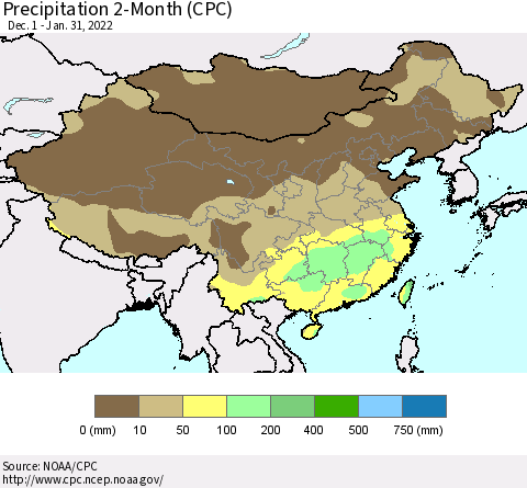 China, Mongolia and Taiwan Precipitation 2-Month (CPC) Thematic Map For 12/1/2021 - 1/31/2022