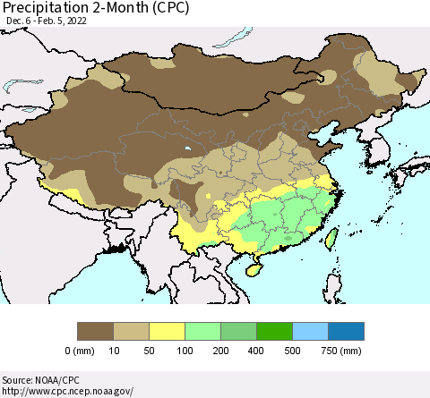 China, Mongolia and Taiwan Precipitation 2-Month (CPC) Thematic Map For 12/6/2021 - 2/5/2022