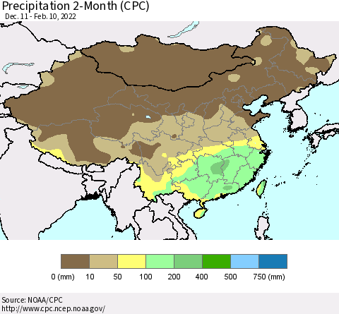 China, Mongolia and Taiwan Precipitation 2-Month (CPC) Thematic Map For 12/11/2021 - 2/10/2022