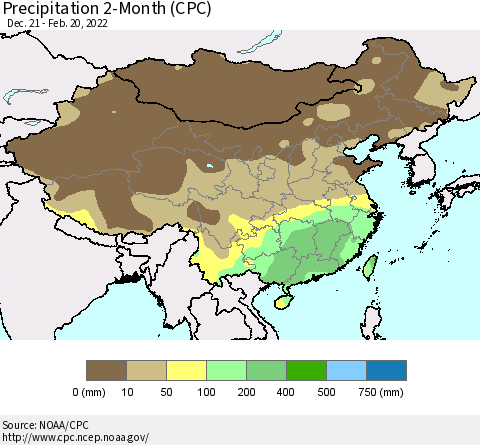 China, Mongolia and Taiwan Precipitation 2-Month (CPC) Thematic Map For 12/21/2021 - 2/20/2022