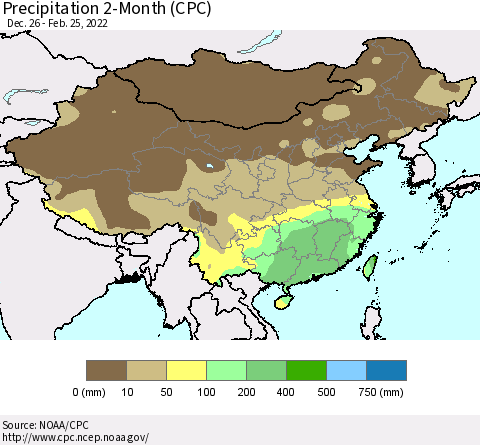 China, Mongolia and Taiwan Precipitation 2-Month (CPC) Thematic Map For 12/26/2021 - 2/25/2022