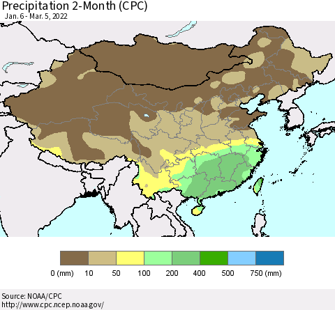 China, Mongolia and Taiwan Precipitation 2-Month (CPC) Thematic Map For 1/6/2022 - 3/5/2022