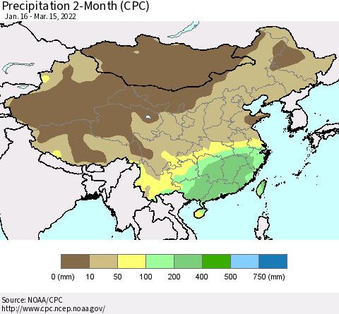 China, Mongolia and Taiwan Precipitation 2-Month (CPC) Thematic Map For 1/16/2022 - 3/15/2022
