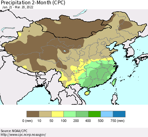 China, Mongolia and Taiwan Precipitation 2-Month (CPC) Thematic Map For 1/21/2022 - 3/20/2022