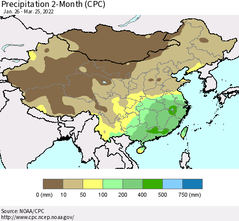 China, Mongolia and Taiwan Precipitation 2-Month (CPC) Thematic Map For 1/26/2022 - 3/25/2022