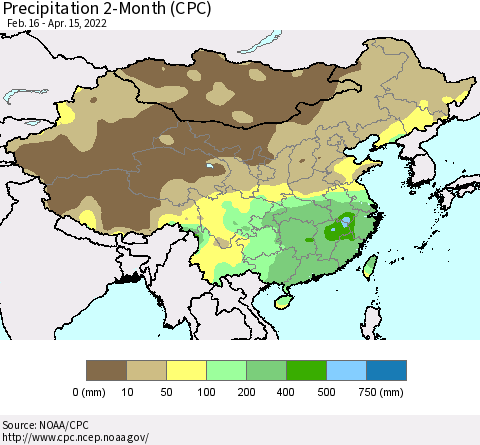 China, Mongolia and Taiwan Precipitation 2-Month (CPC) Thematic Map For 2/16/2022 - 4/15/2022