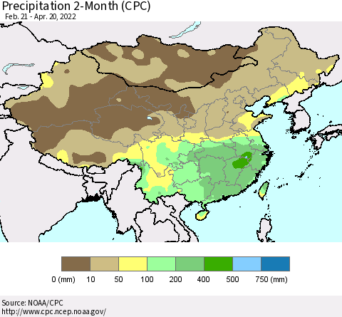 China, Mongolia and Taiwan Precipitation 2-Month (CPC) Thematic Map For 2/21/2022 - 4/20/2022