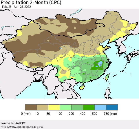 China, Mongolia and Taiwan Precipitation 2-Month (CPC) Thematic Map For 2/26/2022 - 4/25/2022