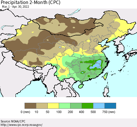 China, Mongolia and Taiwan Precipitation 2-Month (CPC) Thematic Map For 3/1/2022 - 4/30/2022