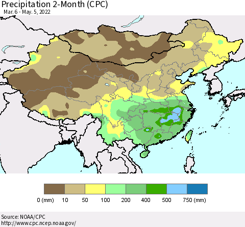 China, Mongolia and Taiwan Precipitation 2-Month (CPC) Thematic Map For 3/6/2022 - 5/5/2022