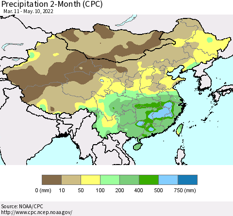 China, Mongolia and Taiwan Precipitation 2-Month (CPC) Thematic Map For 3/11/2022 - 5/10/2022
