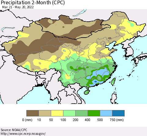 China, Mongolia and Taiwan Precipitation 2-Month (CPC) Thematic Map For 3/21/2022 - 5/20/2022