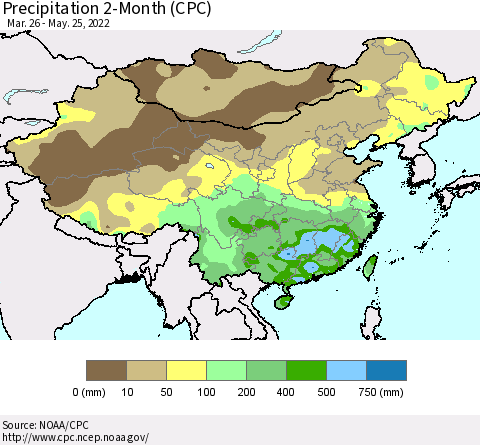 China, Mongolia and Taiwan Precipitation 2-Month (CPC) Thematic Map For 3/26/2022 - 5/25/2022