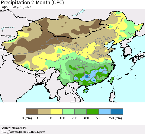 China, Mongolia and Taiwan Precipitation 2-Month (CPC) Thematic Map For 4/1/2022 - 5/31/2022
