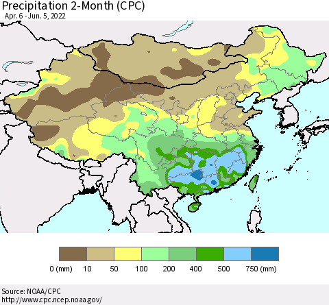 China, Mongolia and Taiwan Precipitation 2-Month (CPC) Thematic Map For 4/6/2022 - 6/5/2022