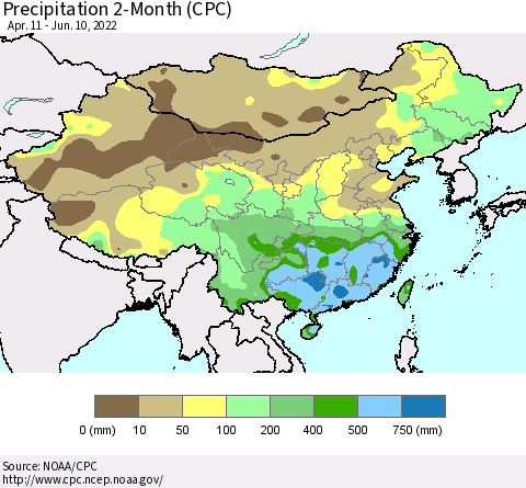 China, Mongolia and Taiwan Precipitation 2-Month (CPC) Thematic Map For 4/11/2022 - 6/10/2022