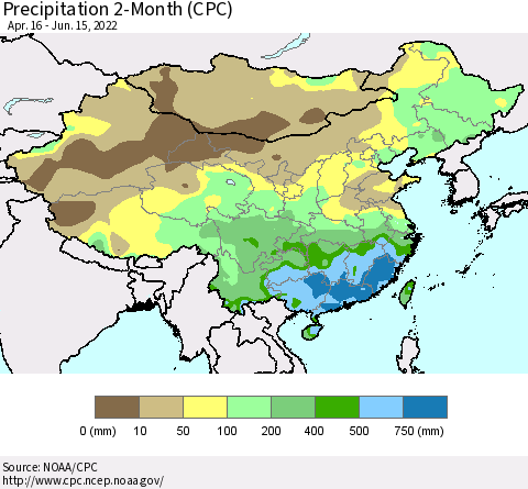 China, Mongolia and Taiwan Precipitation 2-Month (CPC) Thematic Map For 4/16/2022 - 6/15/2022