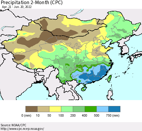 China, Mongolia and Taiwan Precipitation 2-Month (CPC) Thematic Map For 4/21/2022 - 6/20/2022