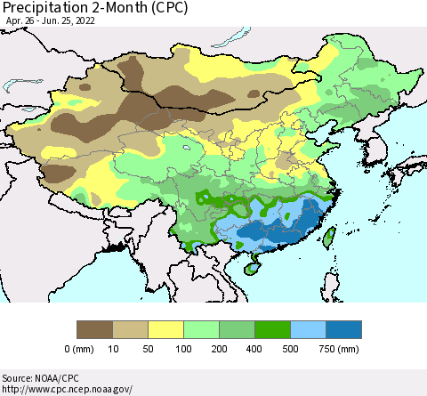 China, Mongolia and Taiwan Precipitation 2-Month (CPC) Thematic Map For 4/26/2022 - 6/25/2022