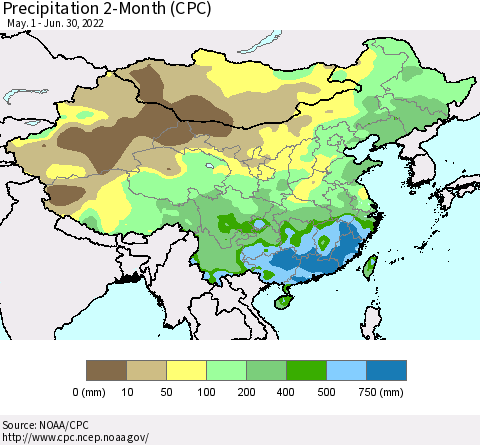 China, Mongolia and Taiwan Precipitation 2-Month (CPC) Thematic Map For 5/1/2022 - 6/30/2022