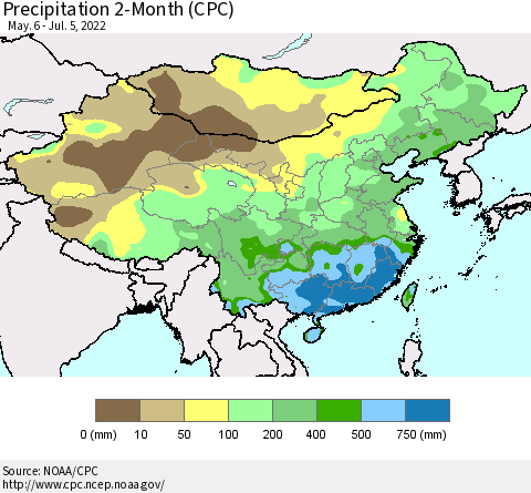 China, Mongolia and Taiwan Precipitation 2-Month (CPC) Thematic Map For 5/6/2022 - 7/5/2022