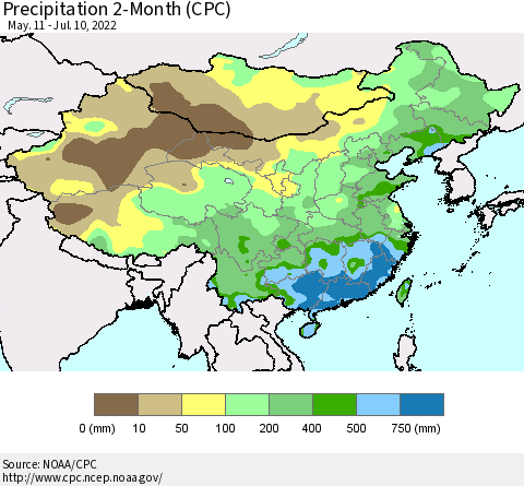 China, Mongolia and Taiwan Precipitation 2-Month (CPC) Thematic Map For 5/11/2022 - 7/10/2022