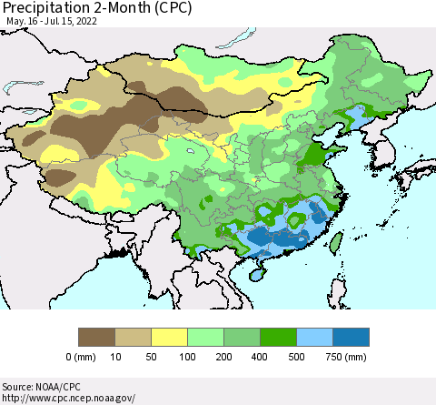 China, Mongolia and Taiwan Precipitation 2-Month (CPC) Thematic Map For 5/16/2022 - 7/15/2022