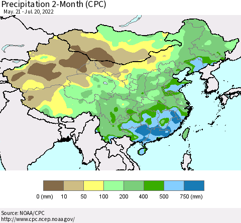 China, Mongolia and Taiwan Precipitation 2-Month (CPC) Thematic Map For 5/21/2022 - 7/20/2022